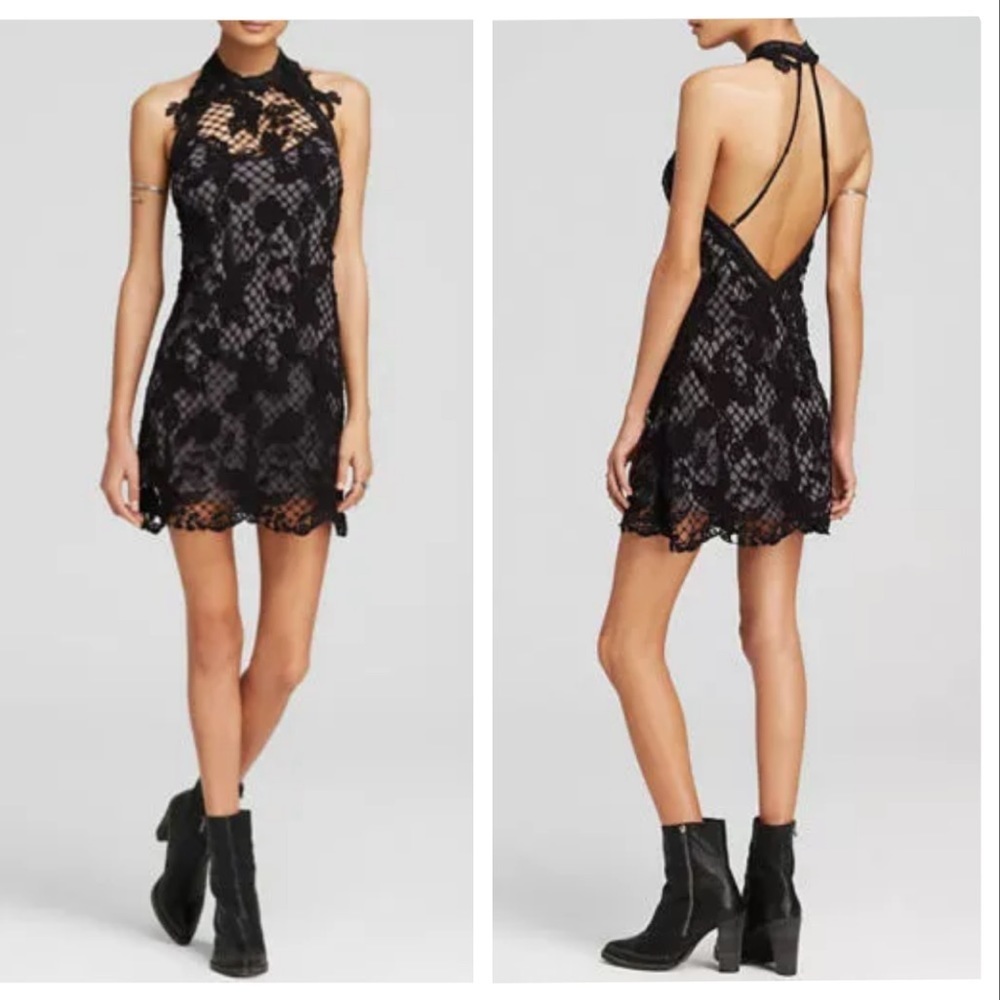 Free People Snow Drop Black Lace Halter Dress Size Large
